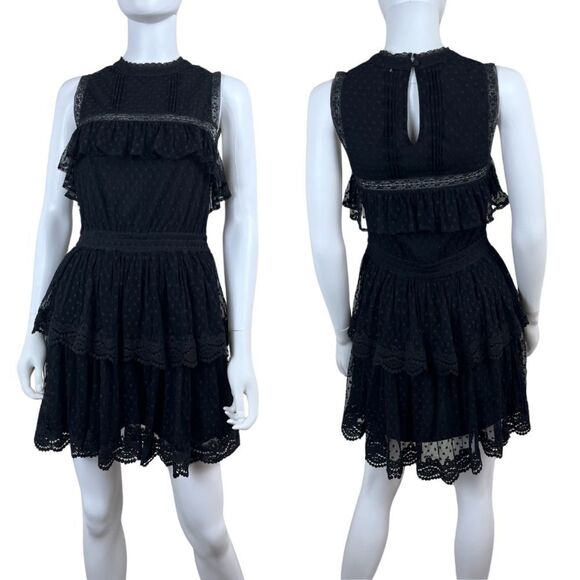 Misa Liat Point D'esprit Size XS Black Swiss Dot Lace Tiered NEW Mini Dress - Picture 1 of 15